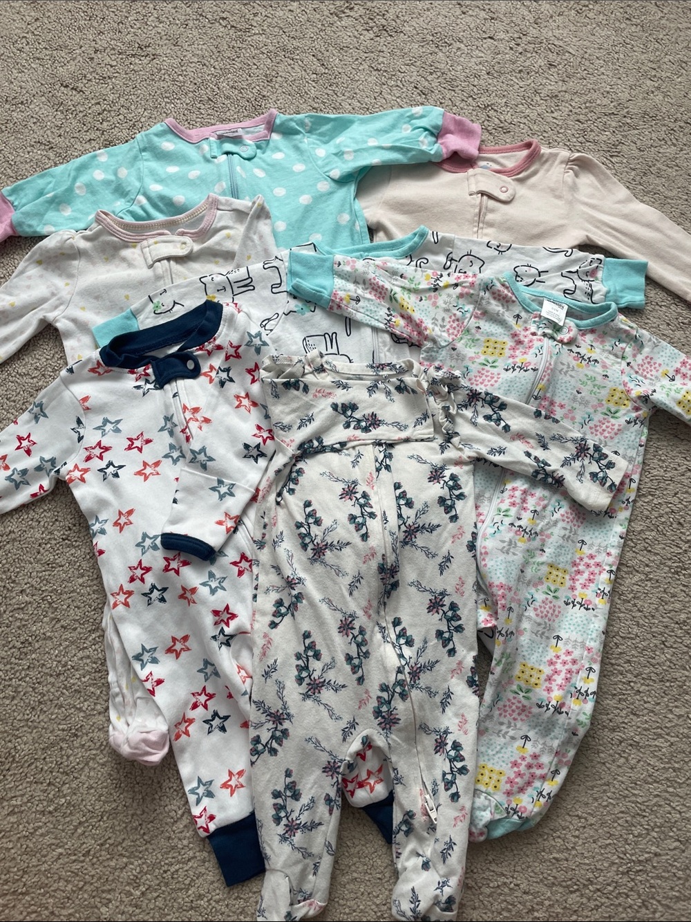 Baby Girls Footed Sleepers Set - Mixed Prints (Floral, Stars, Polka Dot)